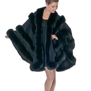 Real Fox Trimmed Cashmere Cape Empress Style Black